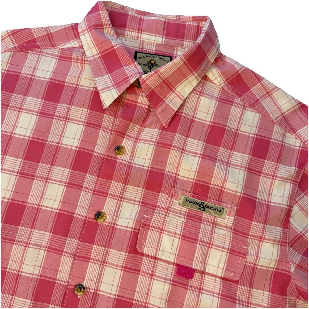 Hook & Tackle Men's Coastline Short‎ Sleeve  Button Up Shirt Pink Plaid Sz Large